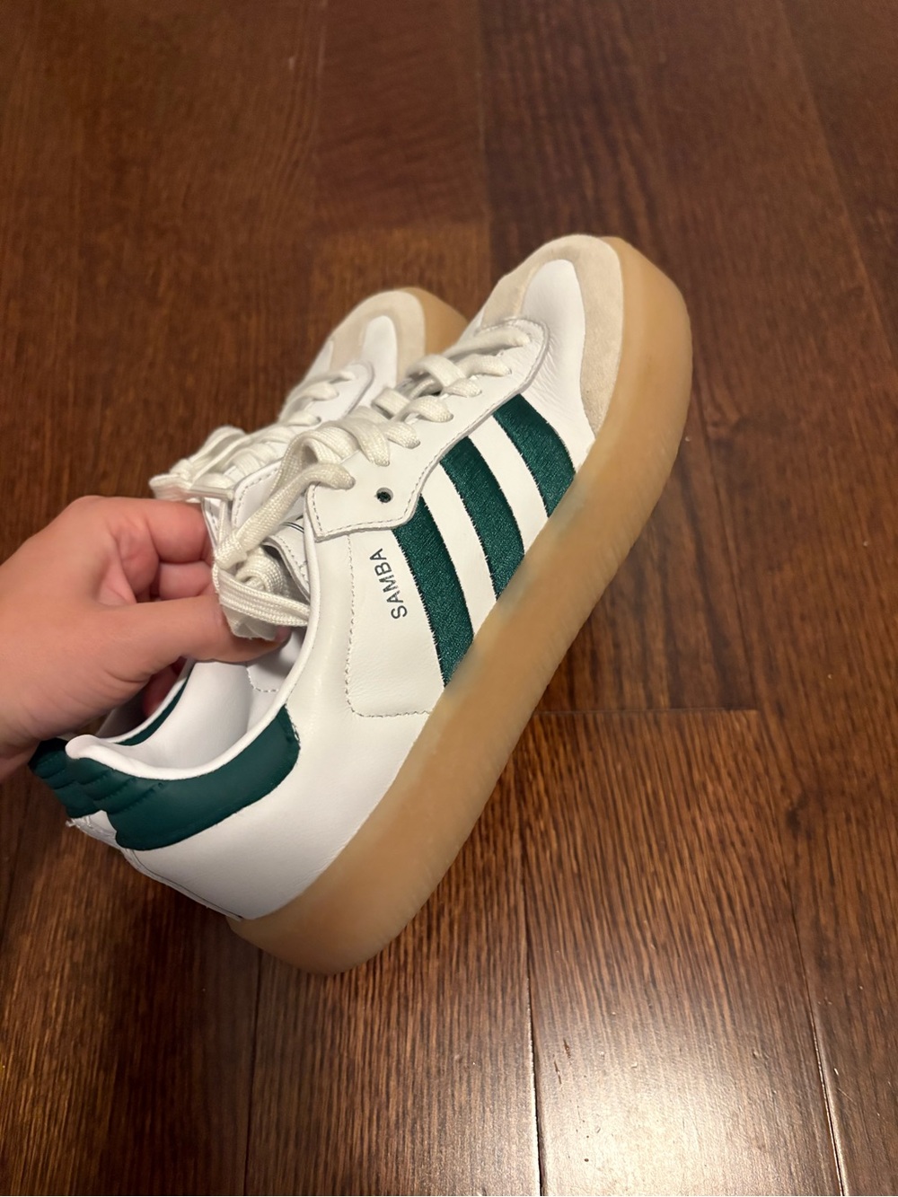 adidas Samba Womens White with Green Stripes and Gum Sole